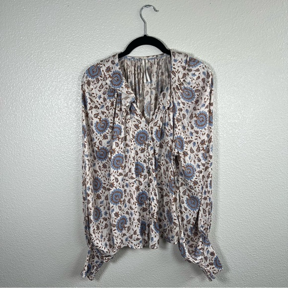 By Anthropologie Button-Front Peasant Blouse Cream Brown and Blue Small - Picture 4 of 8